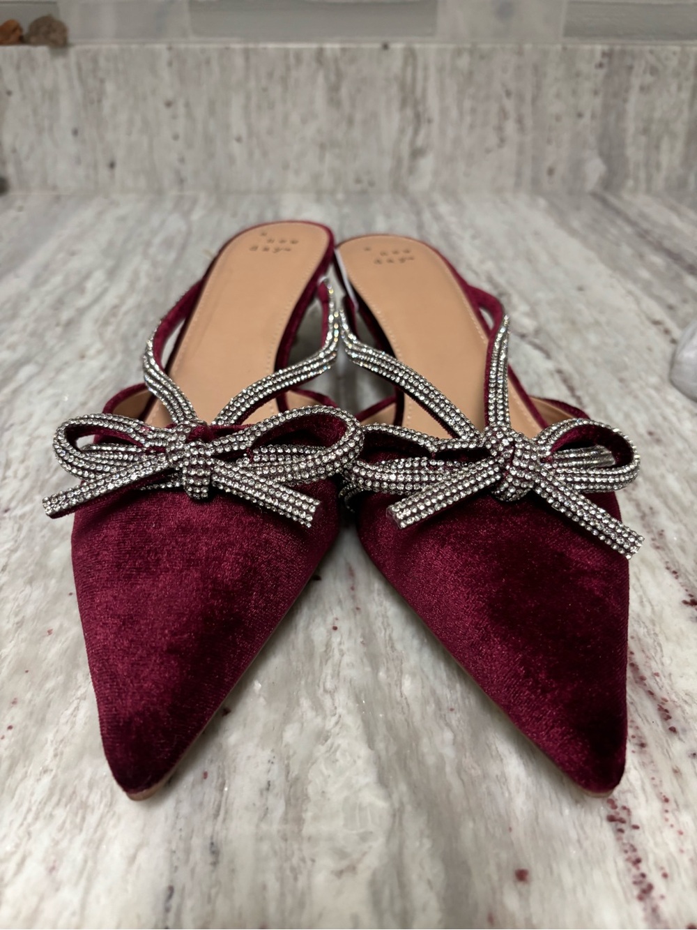 a new day Wine Velvet Pointed Slingback Flats with Crystal Bow